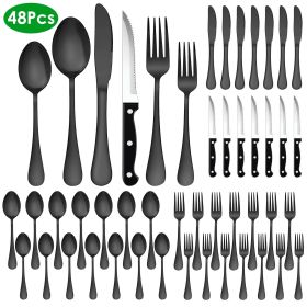 48-Piece Silverware Set Stainless Steel Flatware Cutlery Set Tableware Eating Utensils for 8 with Knife Fork Spoon Dishwasher Safe for Home Kitch (Color: Black)